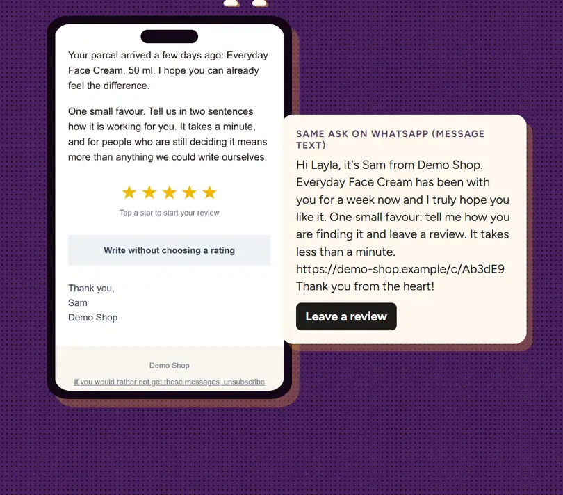 Zamolba za recenziju e-mailom s pet zvjezdica i ista zamolba kao poruka na WhatsAppu
