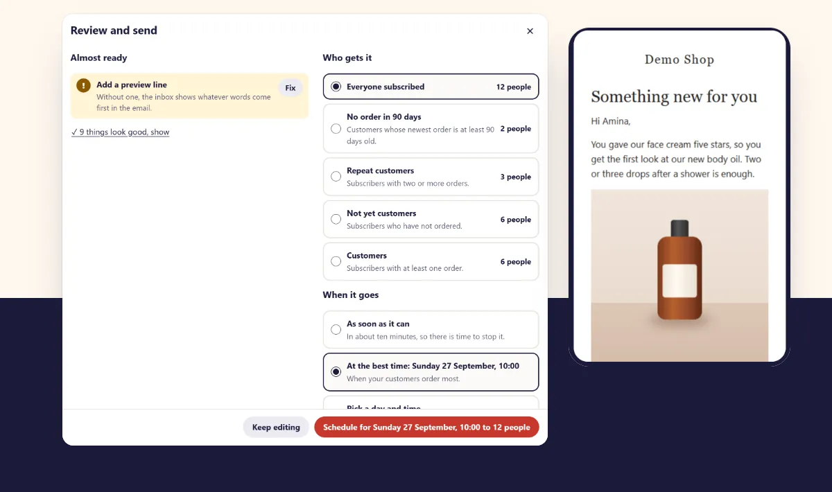 The review and send screen with a check to fix, customer groups with counts and a send time, beside a phone preview of the email