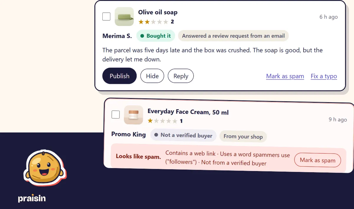 Two reviews in the moderation desk, each labelled with how it was checked: one from a verified buyer, one flagged as likely spam