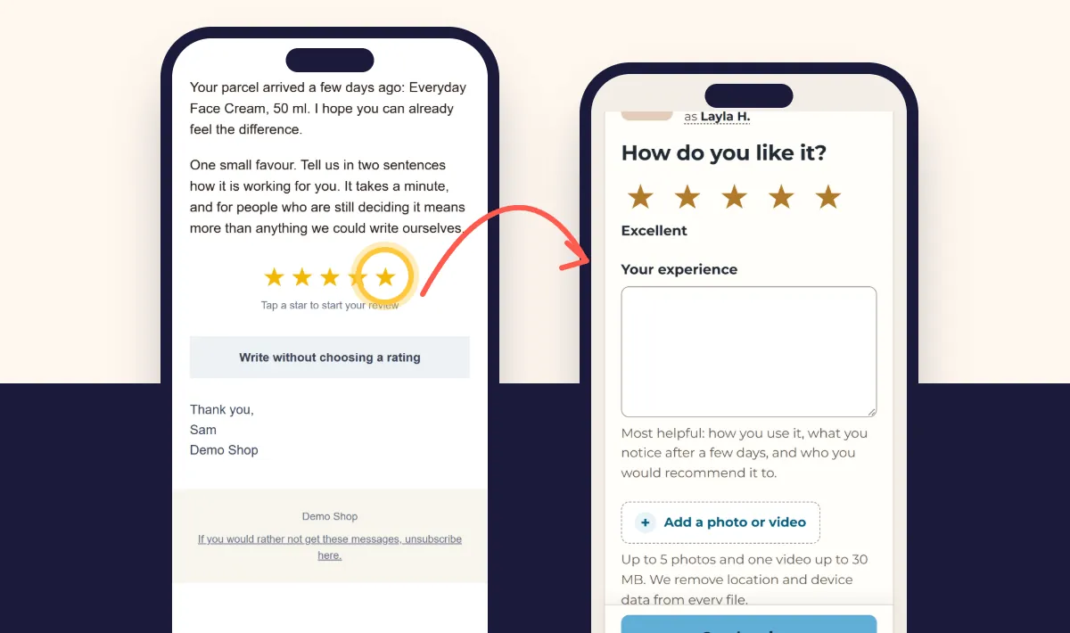 Email s molbom za recenziju i pet zvjezdica, pored stranice za recenziju otvorene s već odabranih pet zvjezdica
