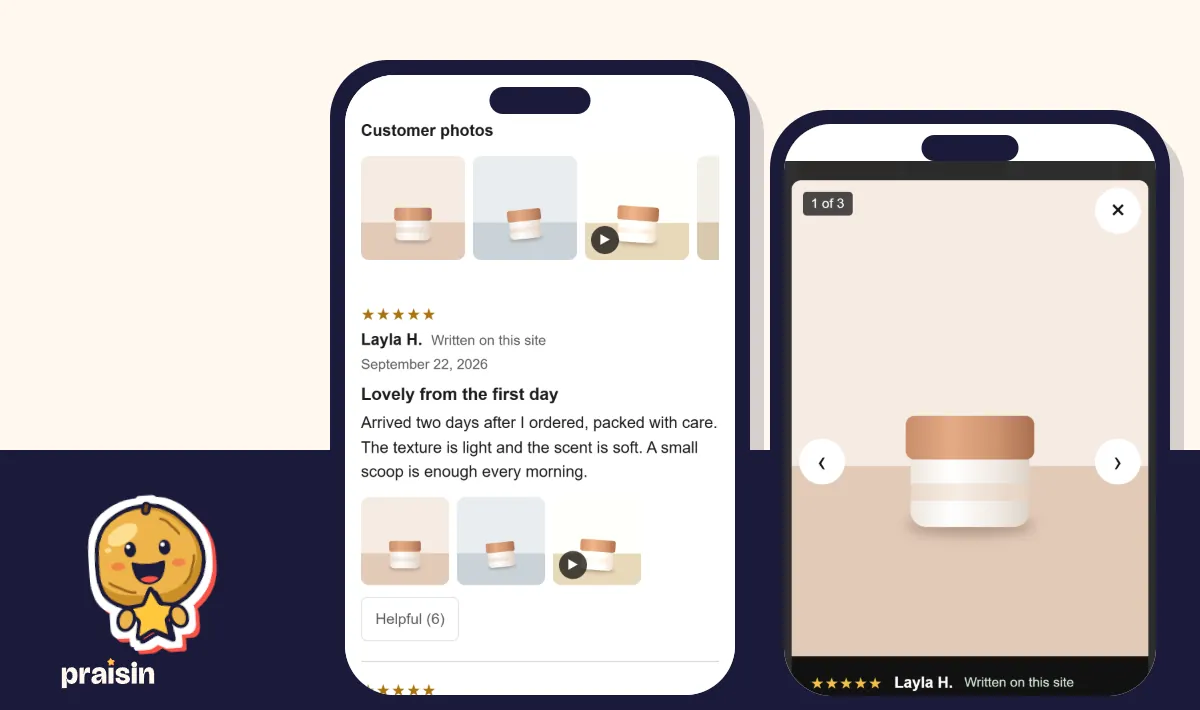 A product page on a phone with a customer photo strip and a five star review, beside the photo viewer