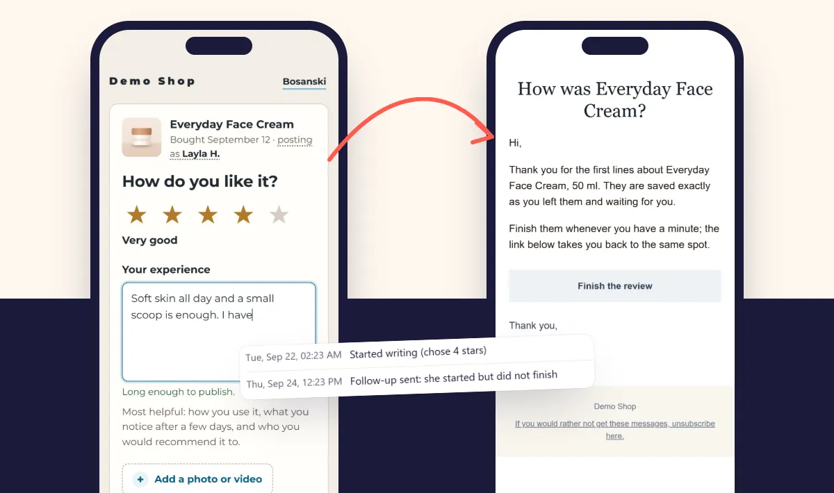 A half written review saved on the review page, and the follow up email that brings the customer back to finish it
